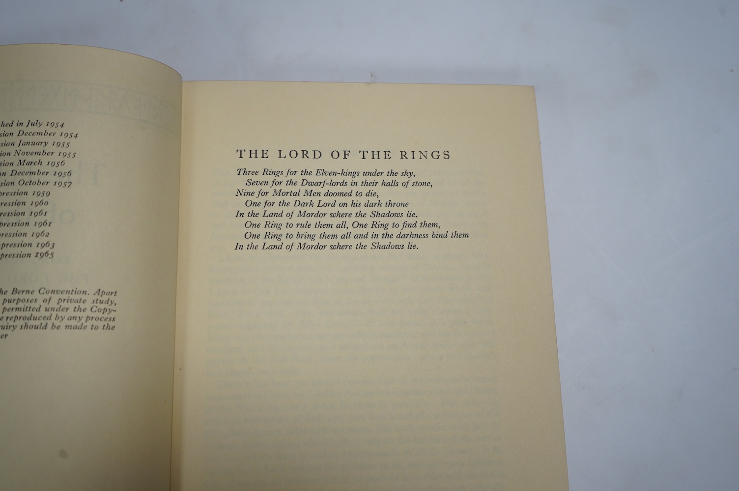 Tolkien, J.J.R - Lord of the Rings, 3 vols, to consist of The Fellowship of the Rings, first edition, 14th. impression, original cloth, folding map at rear, unclipped dust-jacket, with browned spine and closed tear to 4c